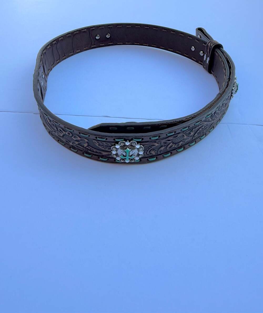 Nocona Womens Large Brown Leather Turquoise Tooled Western Cross Rhinestone Belt